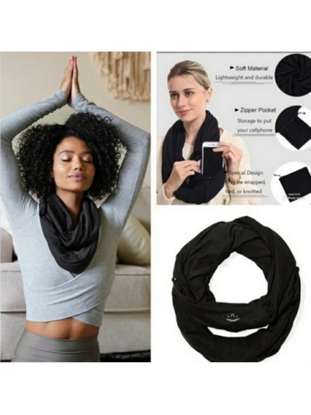 NEW! Beyond Yoga Hidden Pocket Infinity Scarf in Black Winter Walking Workout